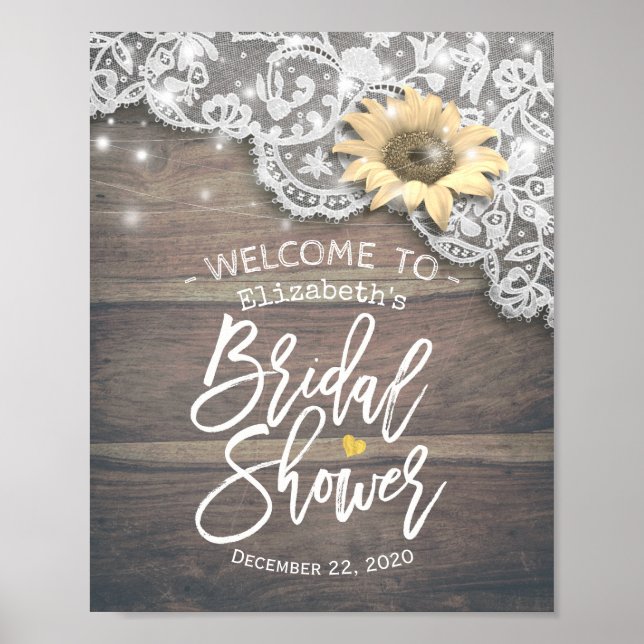 Póster Bridal Shower Bienvenida Lace Sunflower Luces de m (Frente)