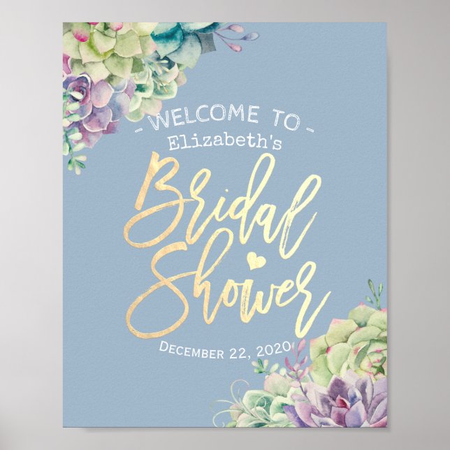 Póster Bridal Shower Bienvenidos Agua Suculenta Plantas (Frente)