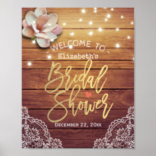 Póster Bridal Shower Bienvenidos Madera Floral String Luc