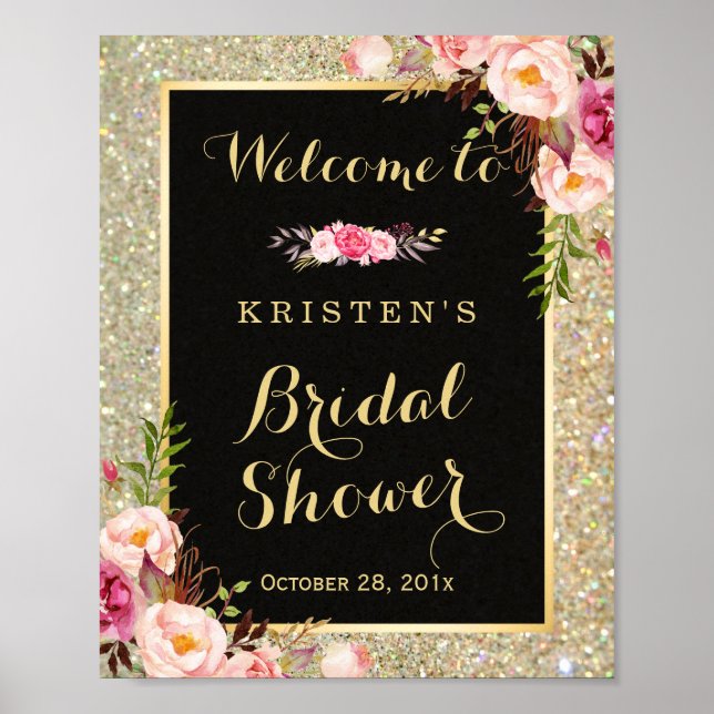Póster Bridal Shower Rótulo Purpurina de oro esparce flor (Frente)