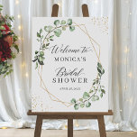 Póster Bridal Shower Sign Geometric Greenery Eucalyptus<br><div class="desc">Welcome your guests to your bridal shower with this Geometric Greenery Eucalyptus Bridal Shower Sign. This sign is designed with a chic gold geometric frame and beautiful eucalyptus and greenery arrangements. It's perfect for a modern and stylish bridal shower, it will be a great addition to any room and will...</div>