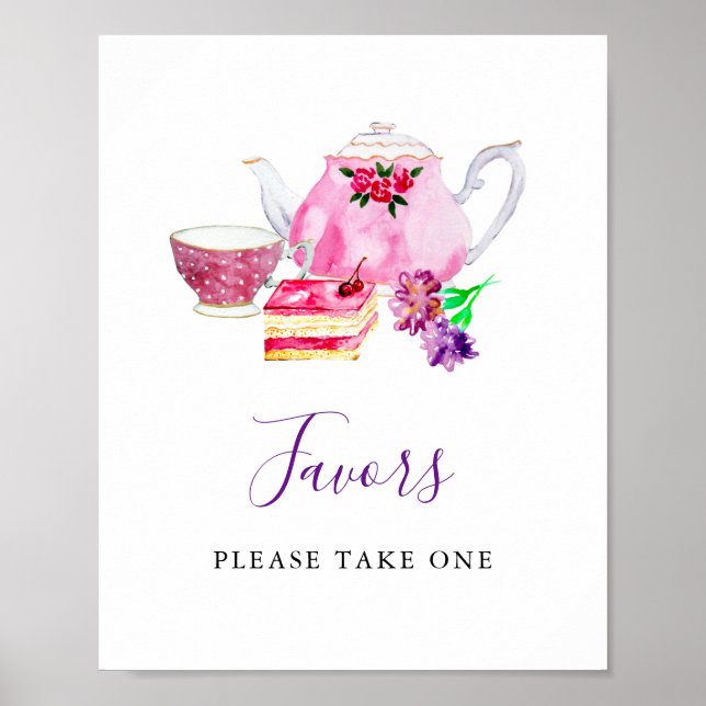 Póster Bridal Shower Tea Fiesta Purple Favor Rótulo Cute (Frente)