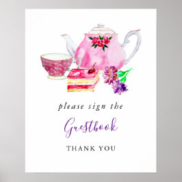 Póster Bridal Shower Tea Party Purple Sign the Guestbook