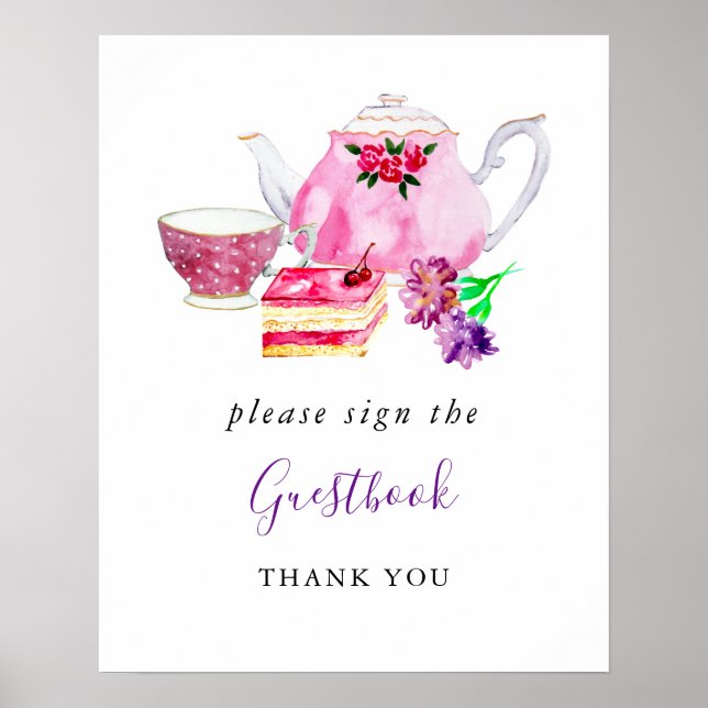 Póster Bridal Shower Tea Party Purple Sign the Guestbook (Frente)