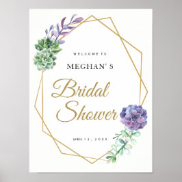 Póster Bridal Shower welcome sign purple succulents gold