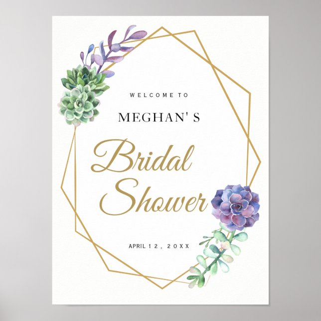 Póster Bridal Shower welcome sign purple succulents gold (Frente)