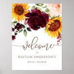 Póster Bridal Shower Welcome Sign Sunflower Burgundy Rose<br><div class="desc">Sunflowers & Roses Watercolor Bridal or Couple's Shower Welcome Sign: Welcome your bridal shower guests with this 18 x 24 inch welcome sign! This sign features large sunflowers and burgundy roses with a mix of green vines and leaves... and a hint of blush pink. The beautiful "welcome" is done in...</div>
