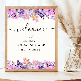 Póster Bridal shower with watercolor Purple Flowers