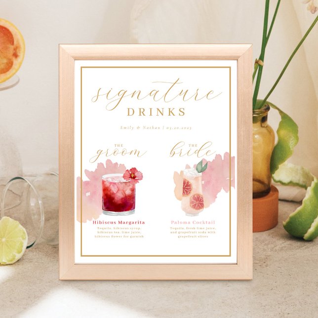 Póster Bride & Groom Signature Bebe Cocktail acuático (Bride & Groom Signature Drinks Watercolor Cocktail Poster)