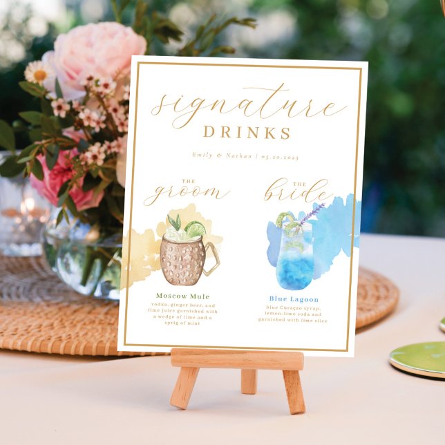 Póster Bride & Groom Signature Bebe Cocktail acuático (Bride & Groom Signature Drinks Watercolor Cocktail Poster)