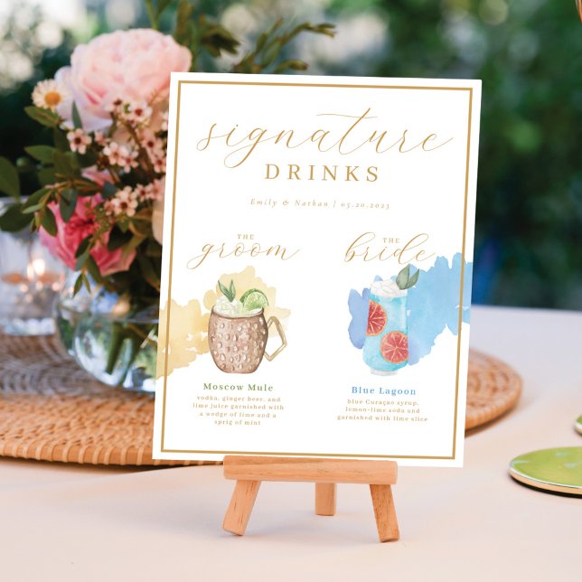 Póster Bride & Groom Signature Bebe Cocktail acuático (Bride & Groom Signature Drinks Watercolor Cocktail Poster)