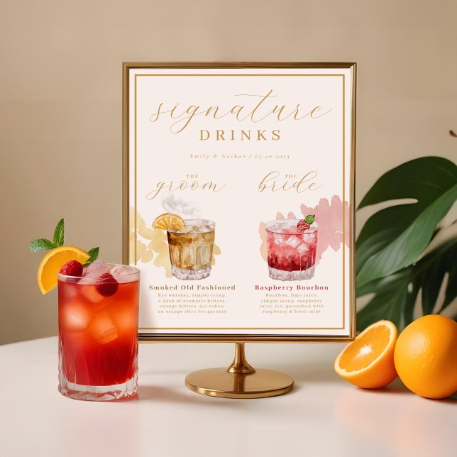 Póster Bride & Groom Signature Bebe Cocktail acuático (Bride & Groom Signature Drinks Watercolor Cocktail Poster)