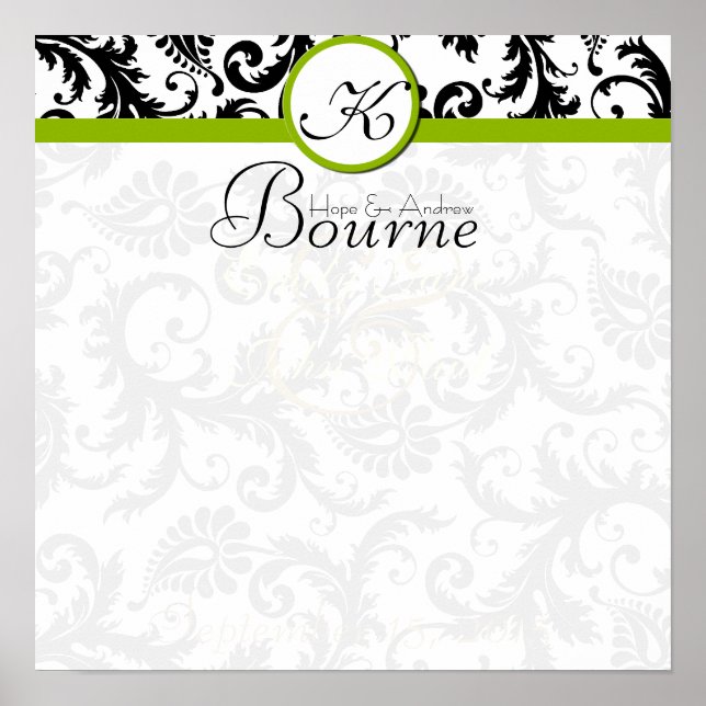 Póster Bride y Groom Damask Swirl Green Boda Poster (Frente)