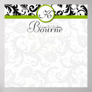 Póster Bride y Groom Damask Swirl Green Boda Poster