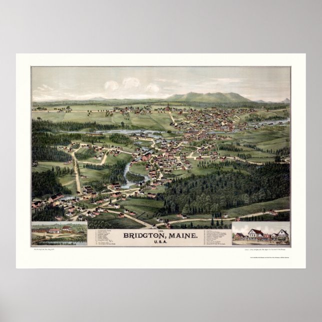 Póster Bridgton, Mapa Panorámico ME - 1888 (Frente)