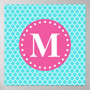 Póster Bright Blue Moroccan Lattice Pink Monogram