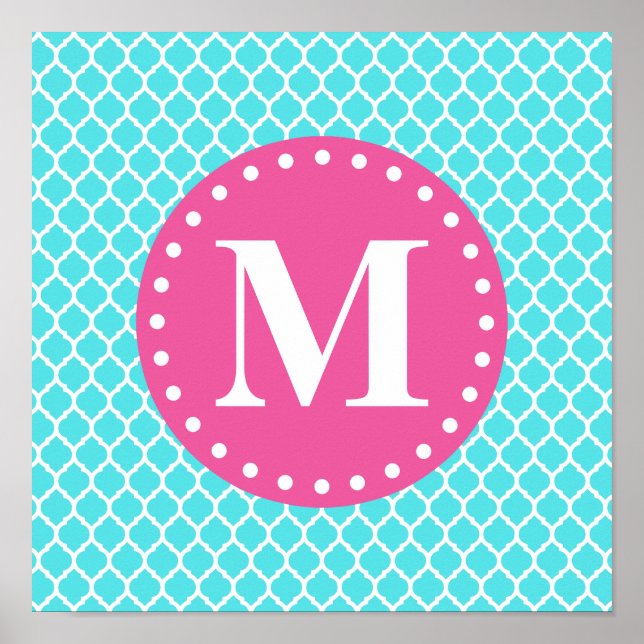 Póster Bright Blue Moroccan Lattice Pink Monogram (Frente)