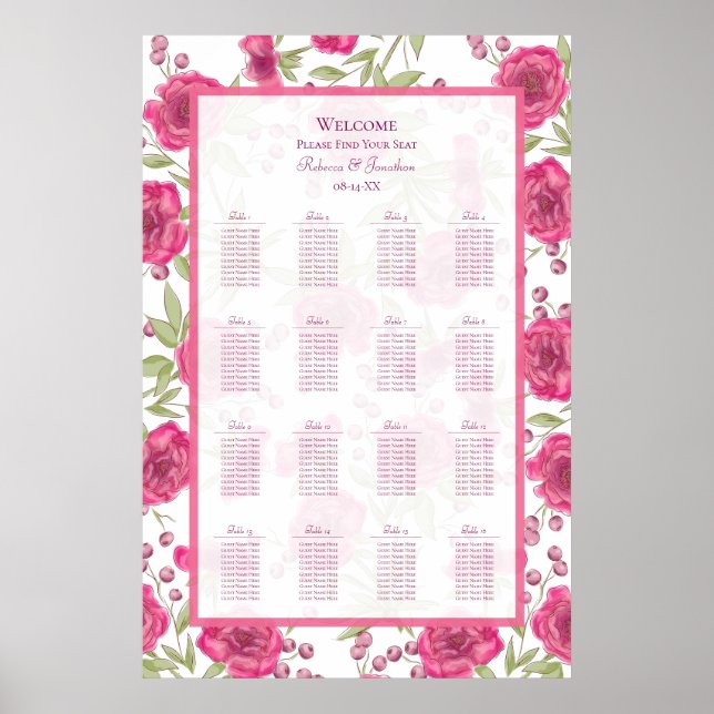 Póster Bright Pink Rose Wedding Seating Chart (Frente)
