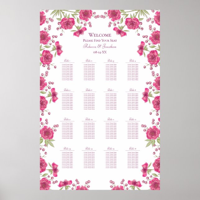 Póster Bright Pink Rose Wedding Seating Chart (Frente)