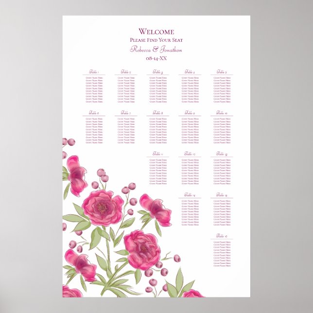 Póster Bright Pink Rose Wedding Seating Chart (Frente)