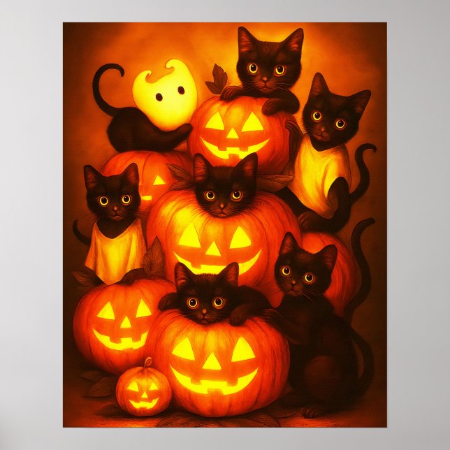 Póster Brillante calabaza de Halloween con un lindo mensa (Frente)
