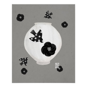 póster brillante de camelia, pájaro y cerámica obj
