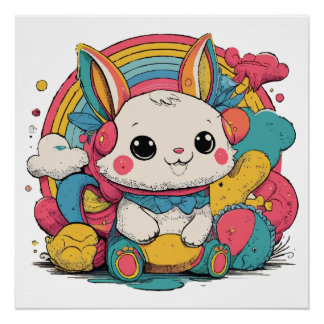 Póster brillante de conejo arcoíris