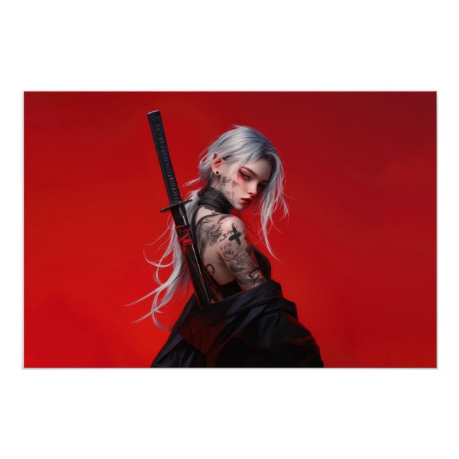 Póster Brillante de Katana de Anime Guerrera (Anverso)