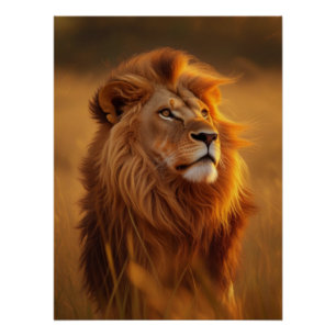 Póster brillante de león dorado majestuoso en la p