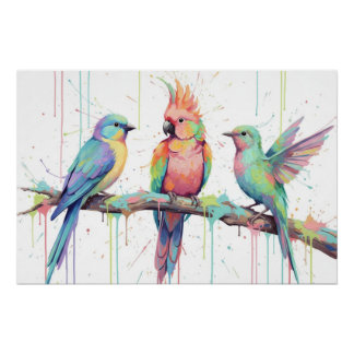 Póster brillante de tres pájaros de colores pastel