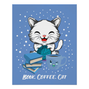Poster brillante del gato del café del libro
