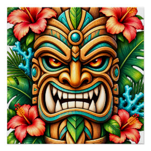 Póster brillante del Guardián Tiki Corona de Hibis
