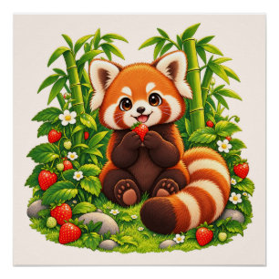Póster brillante del jardín de fresas del panda ro