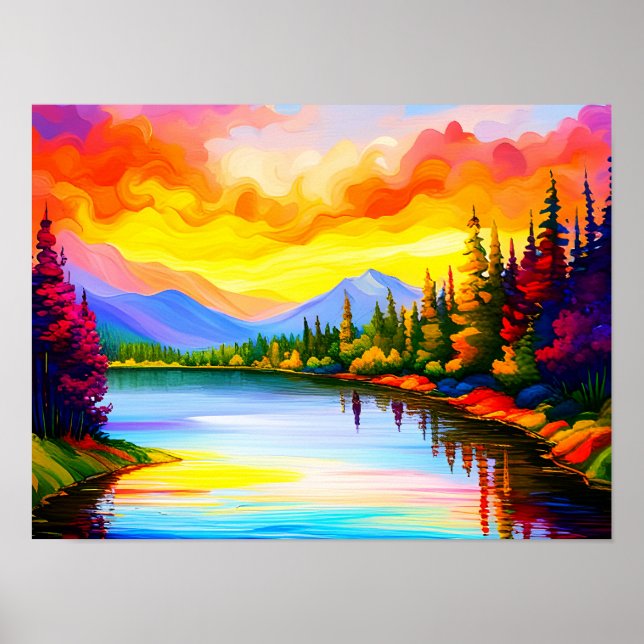 Póster Brillante dibujo de la puesta de sol sobre el lago (Frente)