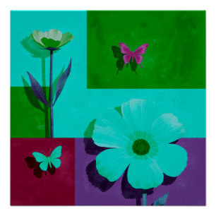 Póster brillante floral con mariposas y bloques de