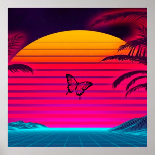 Póster Brillante Neon Sunrise a Sunset Sun y a Butfly
