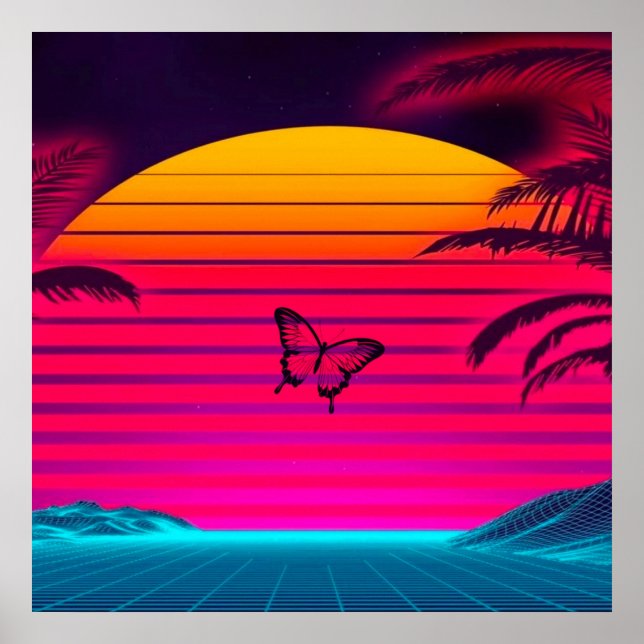 Póster Brillante Neon Sunrise a Sunset Sun y a Butfly (Frente)