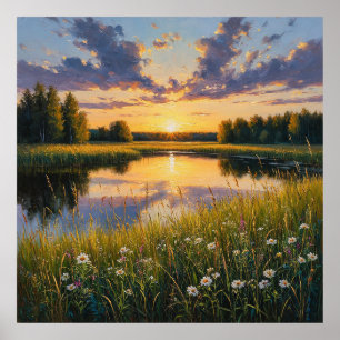 Póster Brillante puesta de sol tranquila sobre un lago se