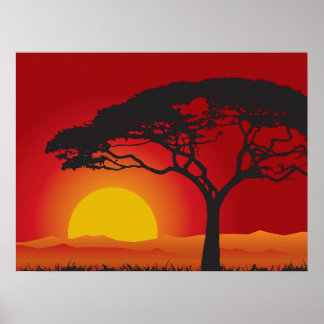 Póster Brillante Red Sunset Bajo El Árbol Bonsai