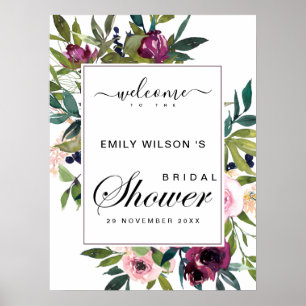 PÓSTER BRILLANTE RUBOR BORGOÑA FLORAL BRIDAL BIENVENIDA