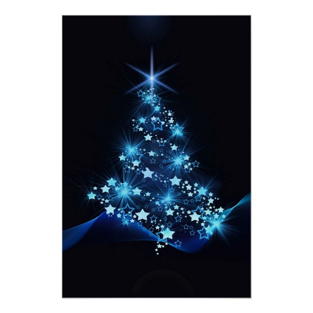 Póster Brillo azul de estrellas en árbol de Navidad oscur (Anverso)