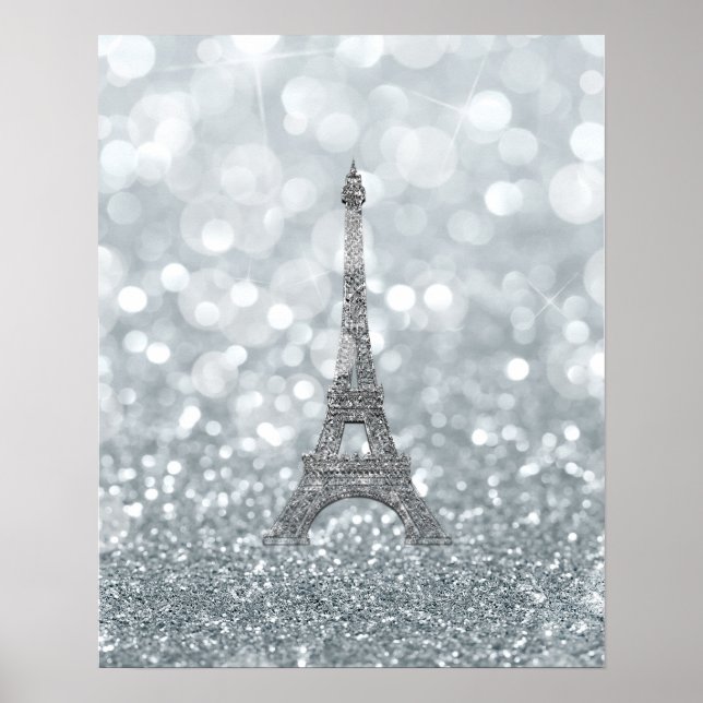 Póster Brillo de Plata Destello Brillante Torre Eiffel Gl (Frente)