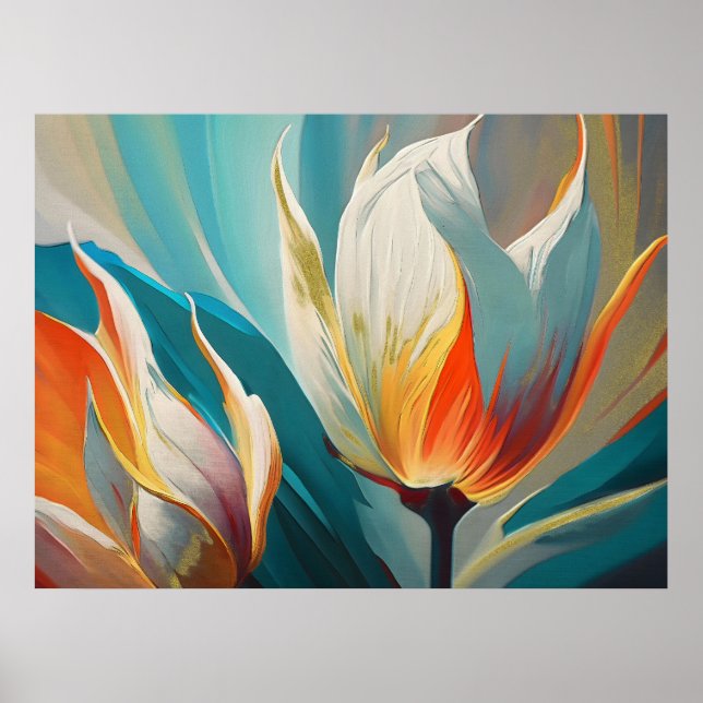 Póster Brillo floral abstracto en azul turquesa y naranja (Frente)