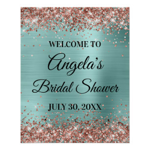Póster Brindis de Boda Rose Gold Glitter Turquesa Pálido