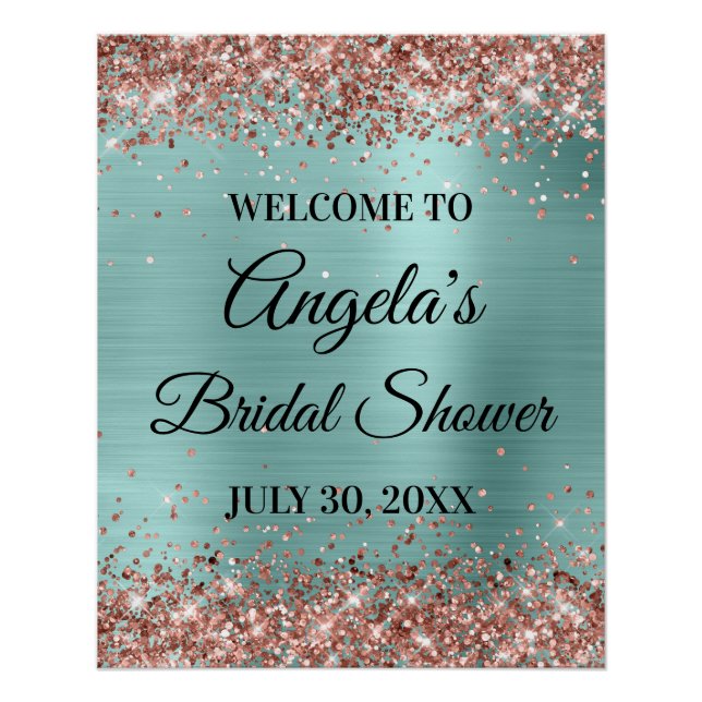 Póster Brindis de Boda Rose Gold Glitter Turquesa Pálido (Anverso)