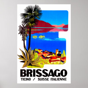 Póster Brissago, Ticino, Suiza. Aldea y lago