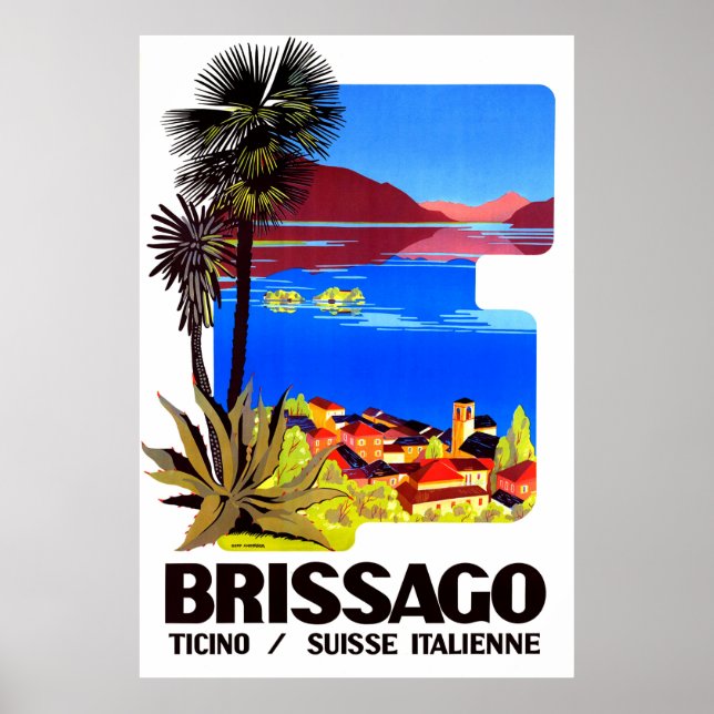 Póster Brissago, Ticino, Suiza. Aldea y lago (Frente)