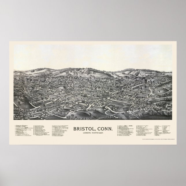 Póster Bristol, CT Mapa Panorámico - 1889 (Frente)