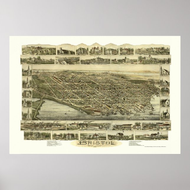 Póster Bristol, mapa panorámico de RI - 1891 (Frente)