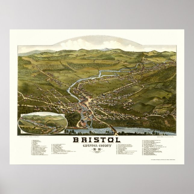 Póster Bristol, Mapa Panorámico NH - 1884 (Frente)